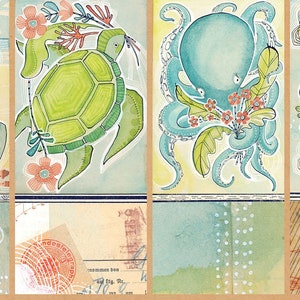 Retired 2017 MERMAID DAYS Cori Dantini Fabric Panel 12&quot; L x 42&quot; W 8 Small Quilt Blocks Whale Tortoise Octopus Sea Horse Blue Green Coral oop
