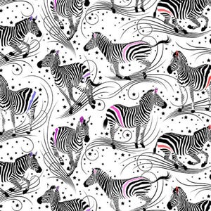 Pode incluir: Um padrão repetitivo de zebras em preto e branco, algumas com detalhes em rosa, roxo e vermelho. As zebras são retratadas em várias poses, algumas correndo, contra um fundo branco com redemoinhos pretos e formas de estrelas.
