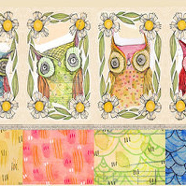 12" x 42" WELL OWL BE Patchwork 8 Small Blocks Panel Cori Dantini Quilt Fabric Panel Retired Out of Print oop Purple Green Orange Red Blue