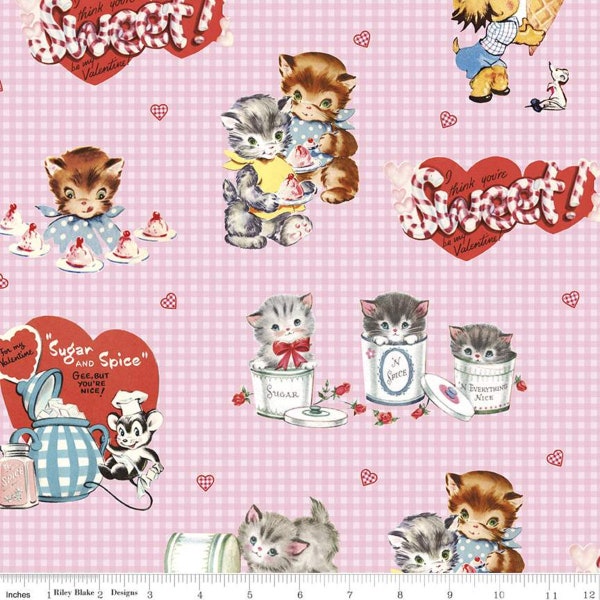 Valentine's Day SUGAR & SPICE Cotton Quilting Fabric Pink Gingham Retro Childrens Kids Valentine Kittens Dogs Bear Mouse Lindsay Wilkes