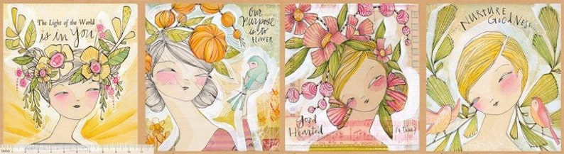 May include: A series of four watercolor illustrations featuring stylized female figures with floral and botanical elements. Each image has a soft color palette with text such as "The Light of the World is in You" and "Good Hearted".