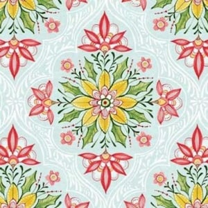 Retired 2016 Cori Dantini I LOVE CHRISTMAS Fabric Holiday Medallion Tile Holly Floral Pale Blue Red Yellow Green Out of Print oop