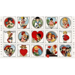 BE MINE VALENTINE 23" x 42" Panel J. Wecker Frisch Vintage 1920's Valentines Patch Valentines Cards White Red Quilting Fabric Riley Blake