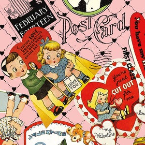 TAKE HEART VALENTINE J. Wecker Frisch Vintage jaren 1940 Valentijnskaarten verspreide gegooide valentijnskaarten roze quiltstof
