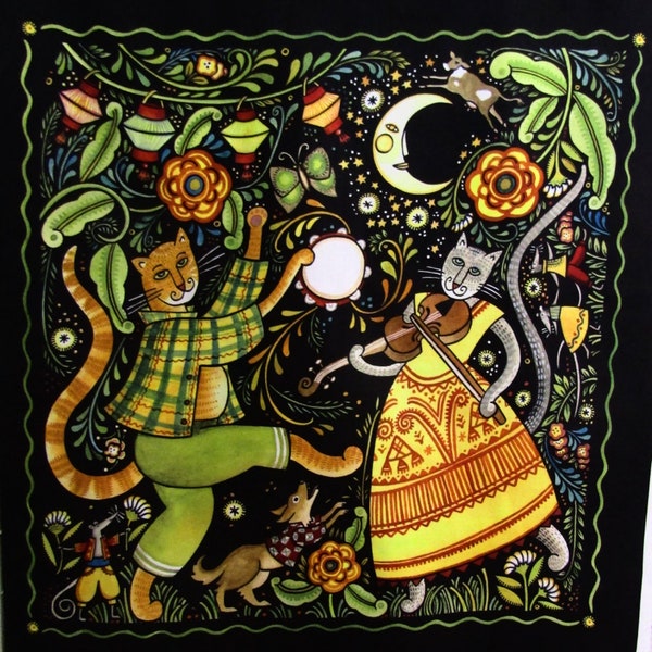 Retired 2018 HEY DIDDLE DIDDLE Main Panel Right Julie Paschkis Nordic Folk Art Dancing Calico Cats Mice Black Out of Print oop