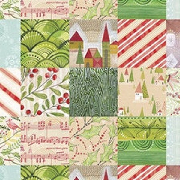 HOLLY JOLLY Tissu Cori Dantini Jolly Patches Patchwork Carrés de Noël Tricherie Quilt Tissu Holly Notes de Musique Cottages Baies 2021