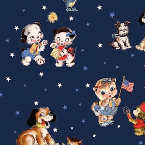 Pode incluir: Um fundo azul com estrelas brancas e vários animais de desenho animado. Existem cães, gatos e um pássaro. Os animais estão todos vestidos e têm expressões felizes.