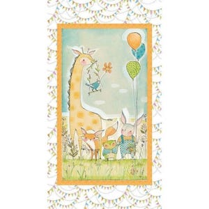 May include: A colorful illustration of a giraffe, fox, frog, and rabbit with balloons in a whimsical setting. The animals are surrounded by green grass and a blue sky with white clouds. The illustration is framed by a border of yellow and orange bunting.