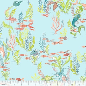 Retired 2017 MERMAID DAYS Cori Dantini Cotton Quilt Fabric At the Bottom of the Sea Aqua Blue Mermaids Fish Dolphin Tortoise Coral oop