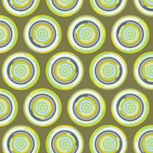 May include: An olive green background is covered with a repeating pattern of concentric circles. Each circle features a series of rings in shades of gray, white, light blue, and yellow. The design creates a modern, abstract aesthetic.