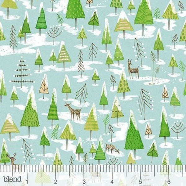 Retired 2019 SNOW FUN Wintry Walk Christmas Fabric Cori Dantini Green Pine Trees on Blue Deer Reindeer Blender Out of Print oop
