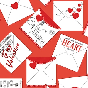 Tela de felicitación de San Valentín ALL MY HEART de 8,00 yardas, J. Wecker Frisch, sobres con cartas de amor tiradas de San Valentín vintage de los años 20, color rojo, retirado