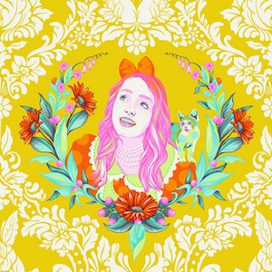 4 CAMEOS 8.5&quot; x 42&quot; Repeat Tula Pink ALICE with Cat Dinah Curiouser Alice in Wonderland Sugar Yellow Cotton Fabric
