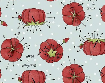 Toss-stof speldenkussen: She Who Sews, aquablauw en rood