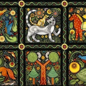 Julie Paschkis Folklorica Fabric Panel: Animals & Nature Art Squares Black