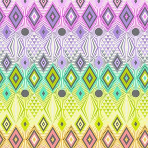 Puede incluir: Un vibrante patrón geométrico con filas de diamantes, triángulos y diseños de rayos de sol en un espectro de colores. La paleta de colores incluye rosa, morado, verde, amarillo y gris, creando un diseño animado y llamativo.