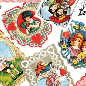Ruhestand BE MINE VALENTINE J. Wecker Frisch Vintage 1920's Valentines Scattered Tossed Valentines Cards Weiß Quilt Stoff Out of Print oop