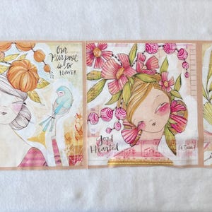 May include: A series of watercolor illustrations featuring stylized portraits of women with floral and botanical elements. The artwork includes text such as "Our purpose is to flower" and "Good Hearted". The color palette includes soft pinks, oranges, and greens.