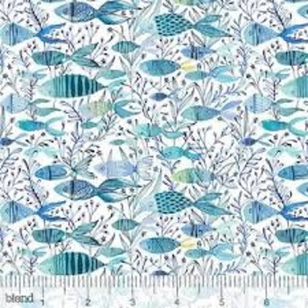 Retired 2017 MERMAID DAYS Cori Dantini Cotton Quilt Fabric Here Fishy Fish Turquoise Blue Navy Out of Print oop