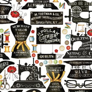 Retired SHOP SIGN TINS Best of She Who Sews J. Wecker Frisch Vintage Sewing Theme Fabric White Mannequin Dress Form Quilts Hats Out of Print