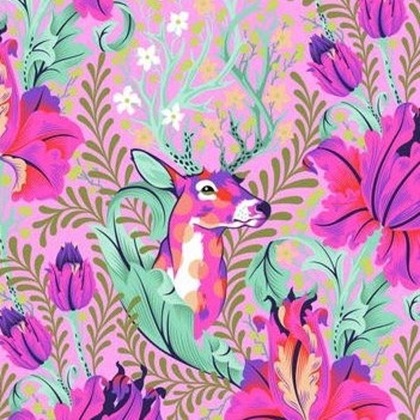 TINY BEASTS Tula Pink Deer John Glimmer Polka Dot Stag Head Flowers Floral Magenta Pink Aqua Blue Cotton Quilt Fabric