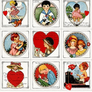 BE MINE VALENTINE 23 "x 42" Panel J. Wecker Frisch Vintage 1920 Valentines Patch Valentinstag Karten Weiß Rot Quilting Stoff Riley Blake