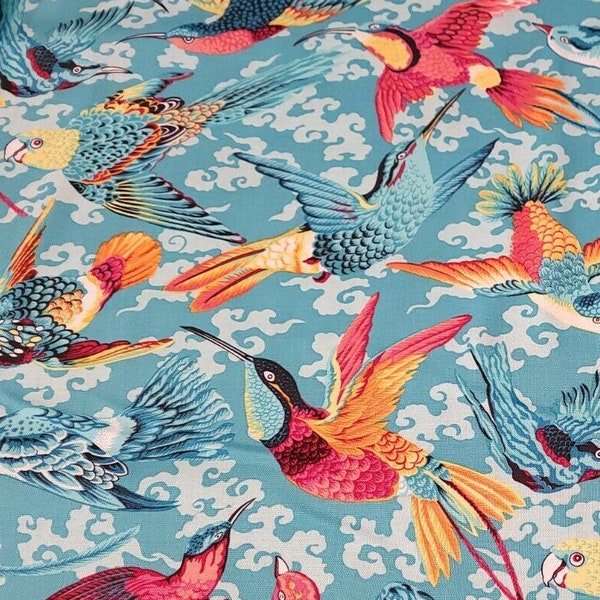 Retired TROPICAL BIRDS Philip Jacobs Snow Leopard Natural World Free Spirit Cotton Fabric Blue Orange Pink Out of Print oop