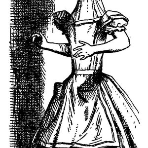 May include: A black and white illustration of a girl with long hair wearing a dress. She is standing with her arms crossed and her head tilted to the side. The background is a dark, textured surface.