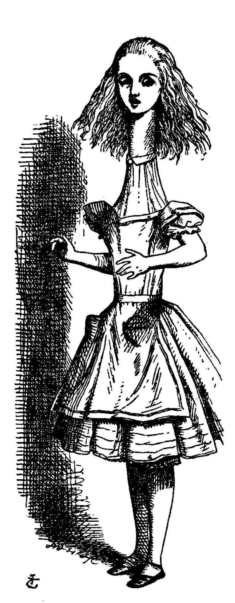 May include: A black and white illustration of a girl with long hair wearing a dress. She is standing with her arms crossed and her head tilted to the side. The background is a dark, textured surface.