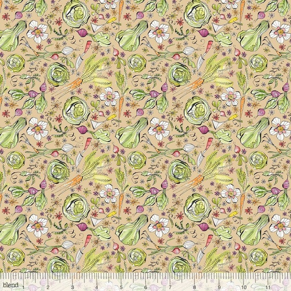 Retired 2016 GARDEN GIRLS Green Goodness Cori Dantini Cotton Quilt Fabric Craft Kraft Tan Vegetables Veggies Cabbage Beet Carrot Onion