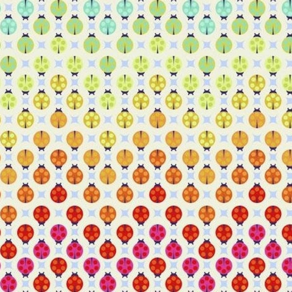 TINY BEASTS Tula Pink Painted Ladies Glow Ladybugs Ombre Rainbow White Red Orange Yellow Pink Aqua Blue Green Cotton Quilt Fabric