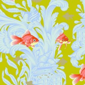 Tula Pink Besties Goldfish Cotton Fabric: Clover Metallic Blue, Green, Coral