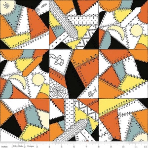 May include: A patchwork design featuring geometric shapes in orange, yellow, black, white, and gray. The design includes hand-stitched details and whimsical illustrations of a spiderweb, sun, and top hat. The fabric is marked with the text "Riley Blake Designs".