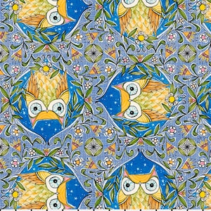 Cori Dantini Well Owl Be Night Owls Cotton Fabric: Blue, Yellow, Stars