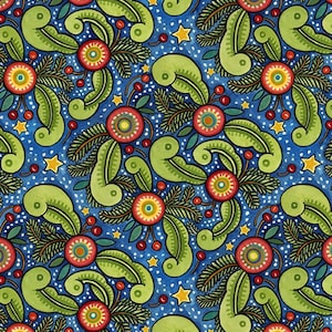 Retired SNOWY CHRISTMAS FABRIC Julie Paschkis Nordic Folk Art Green and Red Holly Pine Boughs on Blue Coordinate Out of Print oop