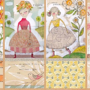 May include: A collage of four illustrations featuring whimsical characters with floral accents. The top left illustration shows a girl with a yellow dress and flowers. The top right illustration shows a girl with a red dress and flowers. The bottom left illustration shows a calendar with a bird and flowers. The bottom right illustration shows a girl with a yellow dress and flowers. The text "the earth laughs in flowers" is visible in the bottom right illustration.