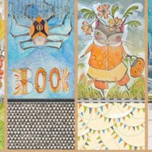2016 SPOOKY TOWN Halloween Fabric Panel 12&quot; L x 42&quot; W Cori Dantini 8 Small Quilt Blocks Tricky Treaters Striped Cat Pumpkin Spider Bird