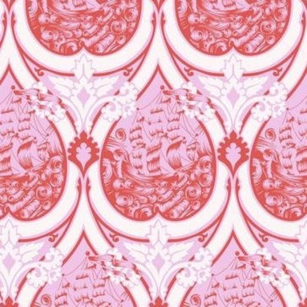 DEJA VU PARISVILLE Sea of Tears Melon Tula Pink Cotton Quilt Fabric Marie Antoinette Water Drops Sailing Ships Pink Red