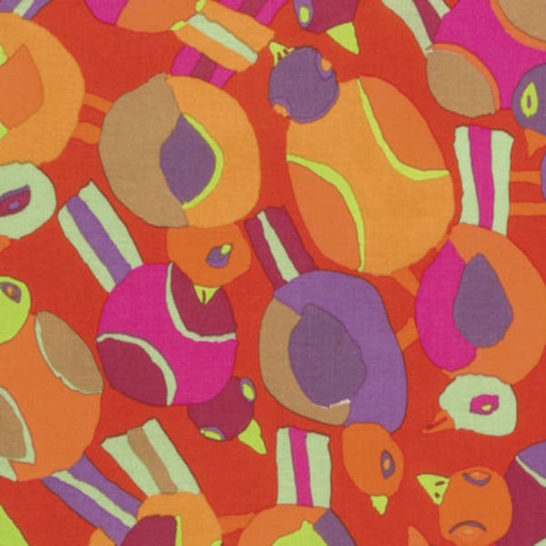 Retired ROUND ROBIN Tomato Red Brandon Mably Kaffe Fassett Cotton Quilt Fabric Purple Green Orange Gold  Mod Birds Out of Print oop