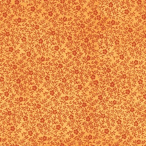 Puede incluir: Un patrón de tejido sin costuras con un diseño repetitivo de pequeñas flores rojas y hojas sobre un fondo naranja claro.