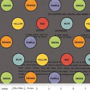 May include: Fabric with a dark gray background featuring colorful circles labeled with color names like green, orange, and purple. Text about color mixing is also present. A ruler in inches is at the bottom.