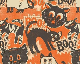 SPOOKTACULAR Scaredy Cat Cotton Quilting Fabric Maude Asbury Retro Halloween Vintage 40's Style Costumed Cats