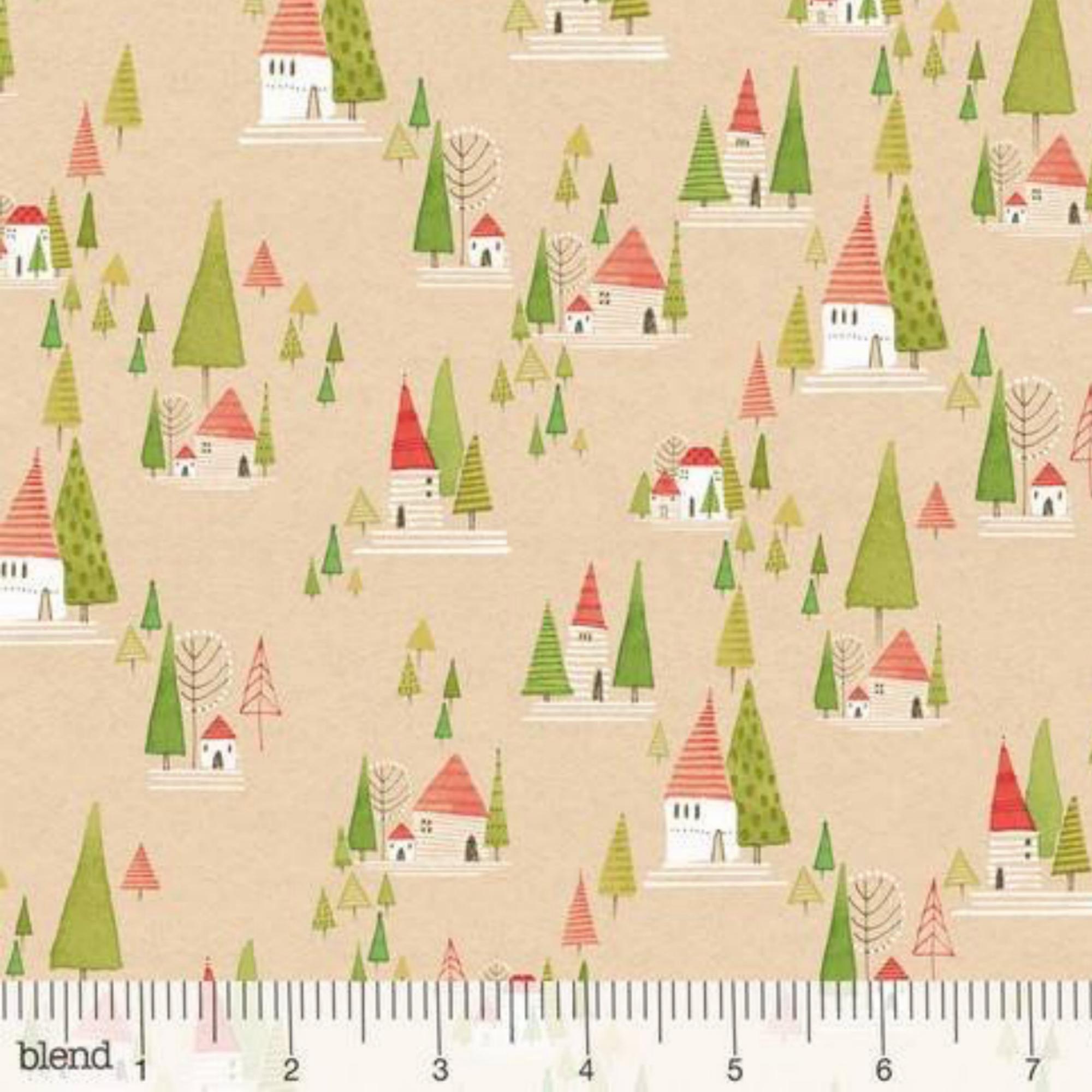 Retired 2015 JOY and WONDER Christmas Fabric Cori Dantini Cabin in the Woods Ivory Tan Cabins Houses Trees Out of Print oop