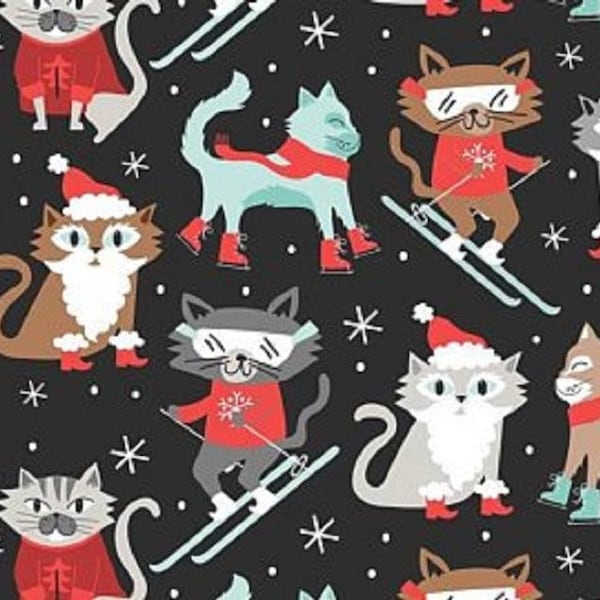 Retired SNOWLANDIA Christmas Kitty Patrol Cats on Skis Skates Cotton Quilting Fabric Blend Maude Asbury Gray Red Aqua Out of Print
