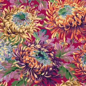 May include: A vibrant floral pattern featuring large chrysanthemum blooms in shades of yellow, orange, purple, and green against a deep red background. The detailed design showcases the intricate petals and leaves, creating a rich, colorful textile design.