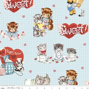 Valentine's Day SUGAR & SPICE Cotton Quilting Fabric Aqua Gingham Retro Childrens Kids Kittens Dogs Bear Mouse Lindsay Wilkes Cottage Mama