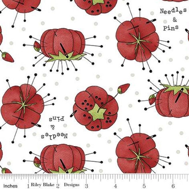 Retired PIN CUSHION Toss Best of She Who Sews J. Wecker Frisch Vintage Sewing Theme Blender Fabric White Red Fat Quarter Out of Print oop