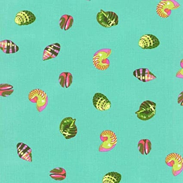 Retired Tula Pink SEA SHELLS Cotton Quilting Fabric Zuma Seaglass Sea Glass Mint Green Neon Yellow Pink Seashells Out of Print oop