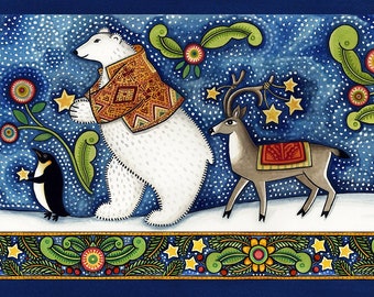 Julie Paschkis Snowy Christmas Scene Border Fabric: Folk Art Penguin, Polar Bear