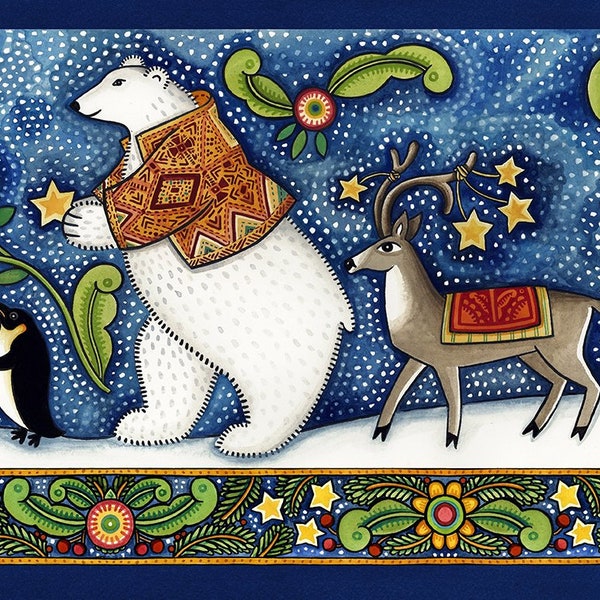 Retired SNOWY CHRISTMAS SCENE Border Fabric Julie Paschkis Folk Art Penguin Polar Bear Reindeer White Fox Out of Print oop